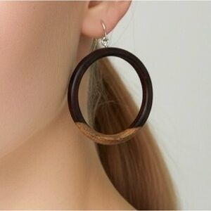 Vintage Boho Hand Carved Two-Tone Wooden Hoops w/ Sterling 925 Hooks